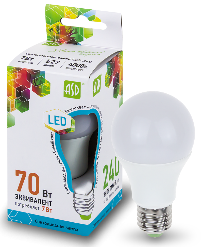 ASD led-a60-Standard. Лампа светодиодная led 7вт е27 4000к 220в 560 лм груша. Лампа светодиодная е27 a60 10вт 230в 3000к ASD.